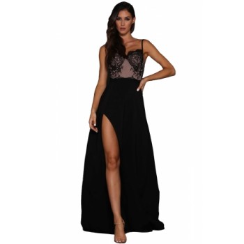 Black Lace Illusion Top High Slit Evening Dress